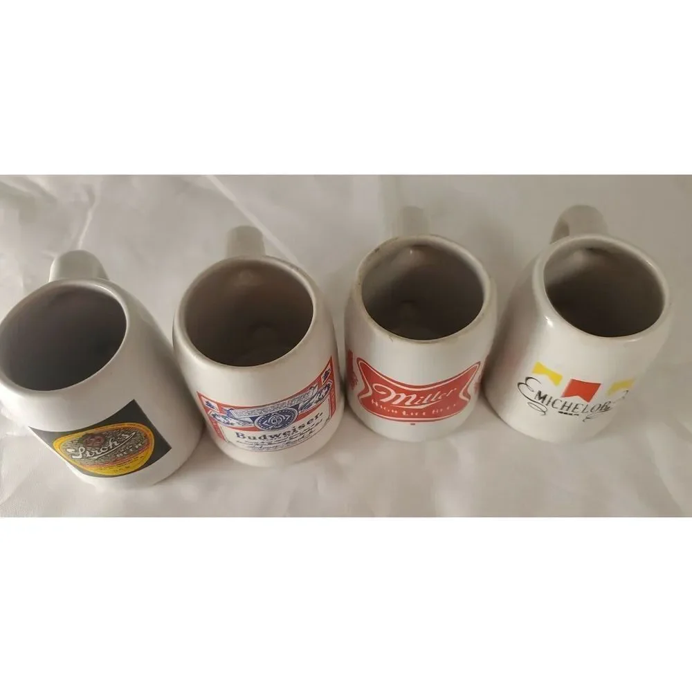 Beer Mugs Shot Glasses Lot of 4 Barware Budweiser Miller Strohs Michelob Mancave